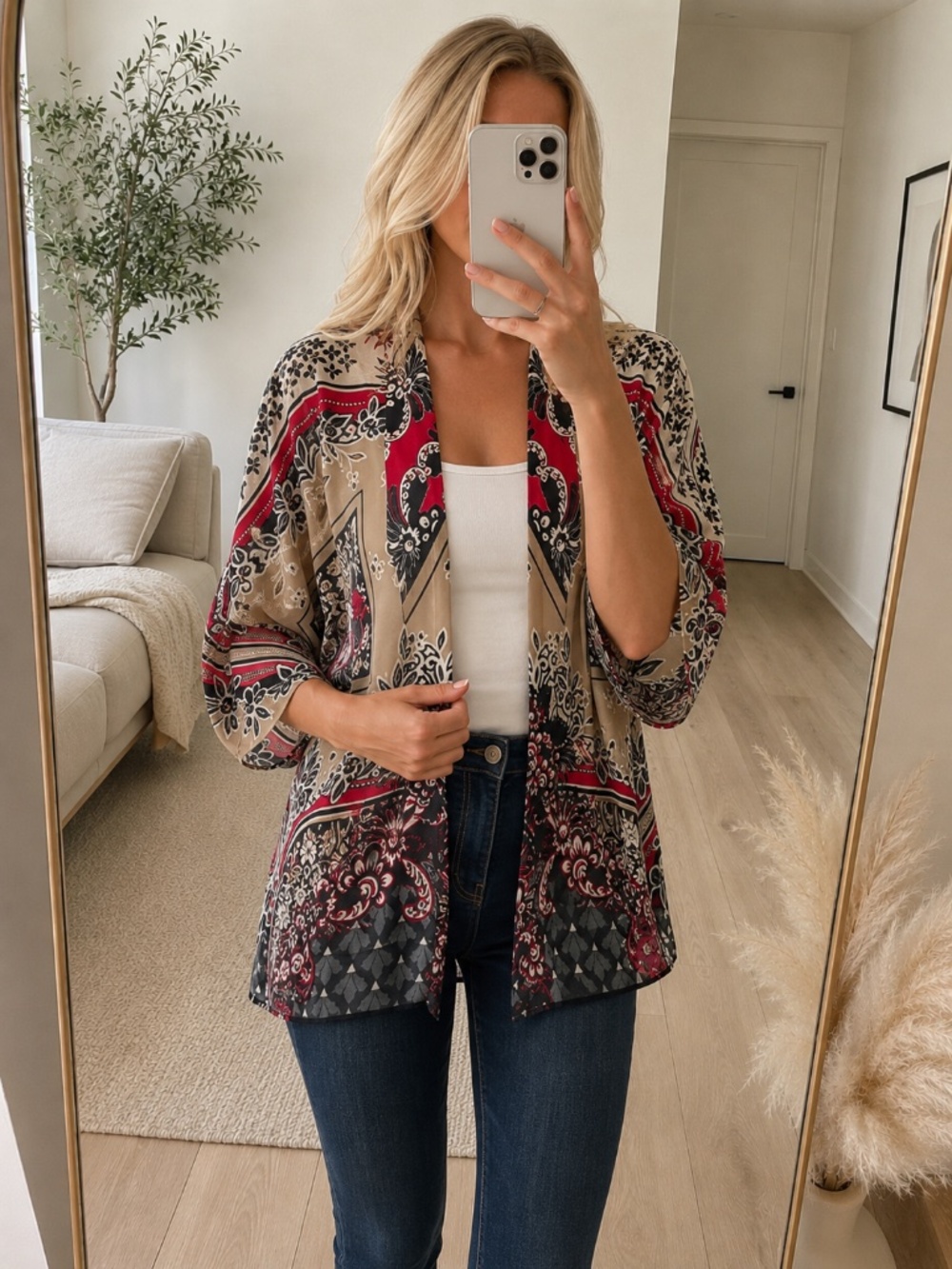 Bebe Red Black Floral Sheer Kimono Top XXS